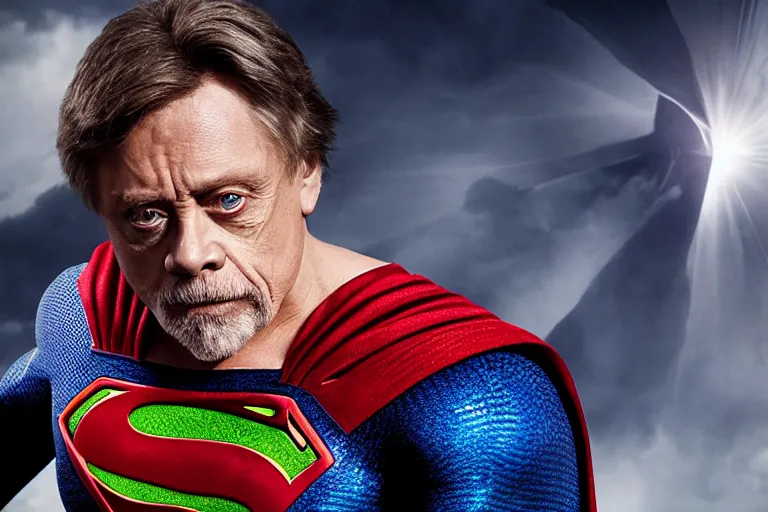 Image similar to promotional image of mark hamill as superman in the new superman movie, detailed face, movie still frame, promotional image, imax 70 mm footage