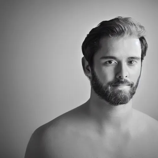 Prompt: A large-format portrait of a handsome man behind a white backdrop, spot-lighting, depth of field, high contrast, black and white, grainy