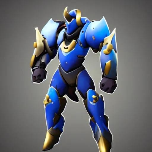 Image similar to overwatch character, medieval knight in blue gold armor