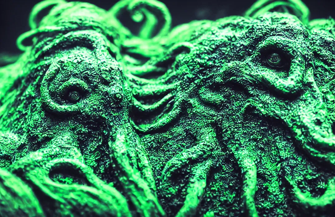 Image similar to cthulhu monster closeup, portrait, under water, glowing algae, sigma lens, strong bokeh, photography, highly detailed, 8 5 mm, f / 1. 3, foggy, dramatic lighting, 4 k