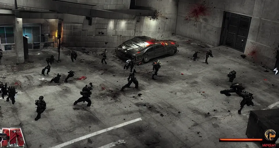 Image similar to 2011 Video Game Screenshot of Neo-tokyo Cyborg bank robbers vs police, Set inside of Parking Garage, Dark, Multiplayer set-piece Ambush, Tactical Squads :10, Police officers under heavy fire, Suppressive fire, Pinned down, Destructible Environments, Gunshots, Headshot, Bullet Holes and Anime Blood Splatter, :10 Gas Grenades, Riot Shields, MP5, AK45, MP7, P90, Chaos, Anime Machine Gun Fire, Gunplay, Shootout, :14 FLCL + Akira, Cel-Shaded:17, Created by Katsuhiro Otomo + Arc System Works + miHoYo: 20