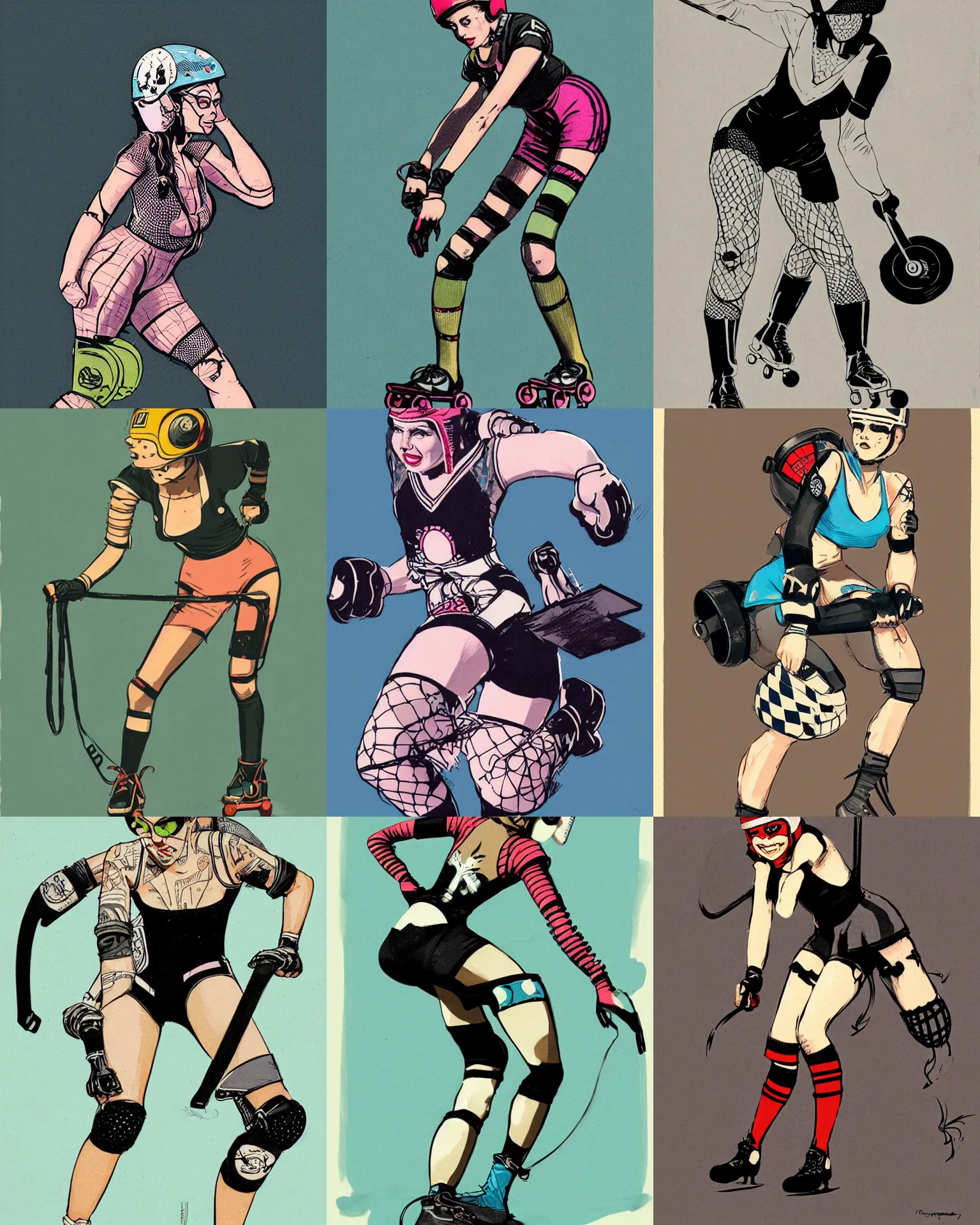 Prompt: roller derby girl doing Cross-Over, wearing skate helmet, knee pads, elbow pads, fishnet tights, showing off biceps, illustration by greg rutkowski and mcbess, 1950s