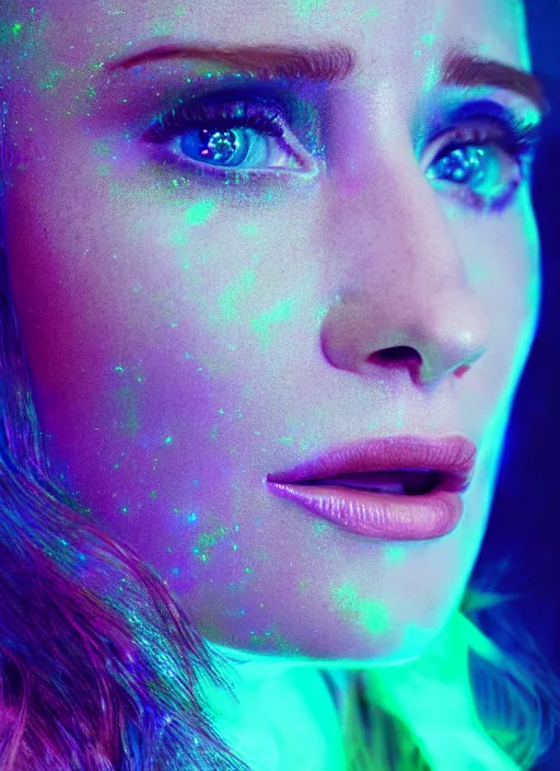Prompt: A hyper realistic and detailed head portrait photography of Bryce Dallas Howard in iridescent-digital hoodie on a futuristic street. by Annie Leibovitz. Neo noir style. Cinematic. neon lights glow in the background. Cinestill 800T film. Lens flare. Helios 44m