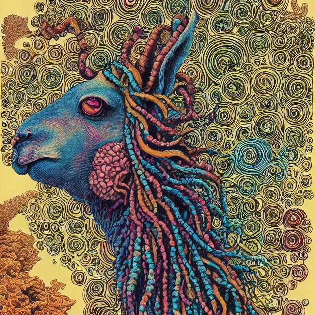 Prompt: llama with dreadlocks, beautiful colors, by otomo katsuhiro, ernst haeckel, james jean