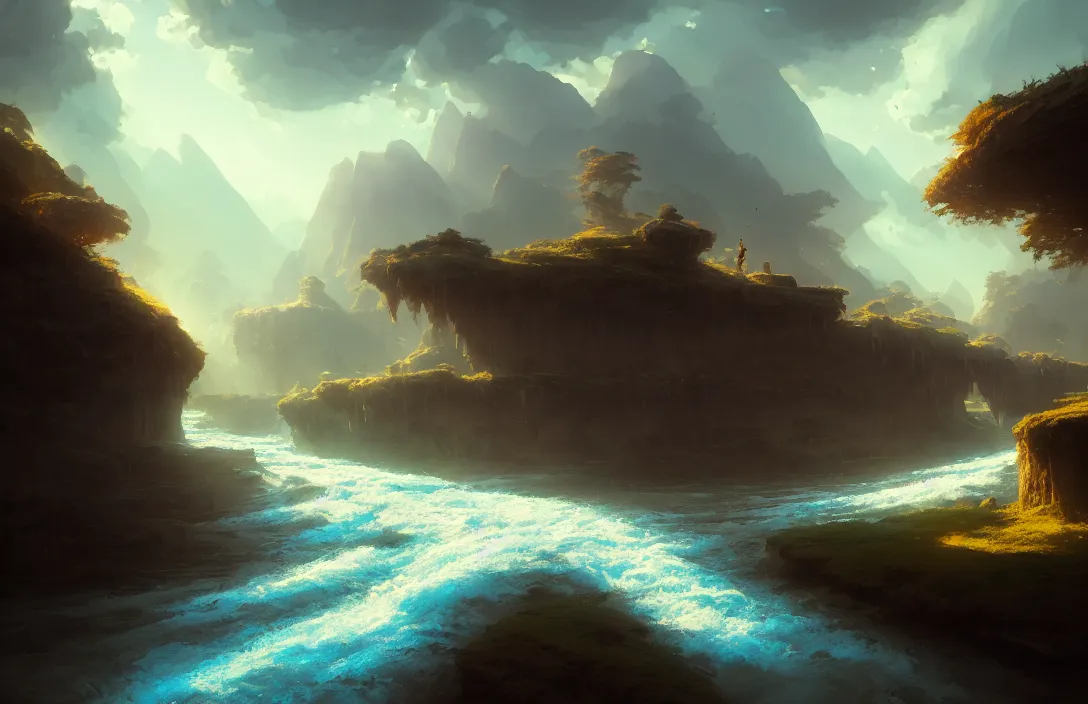 Prompt: large river flowing past a village, blue sky, fantasy, concept art, low angle, highly detailed, warm lighting, volumetric, godrays, vivid, trending on artstation, by jordan grimmer, greg rutkowski