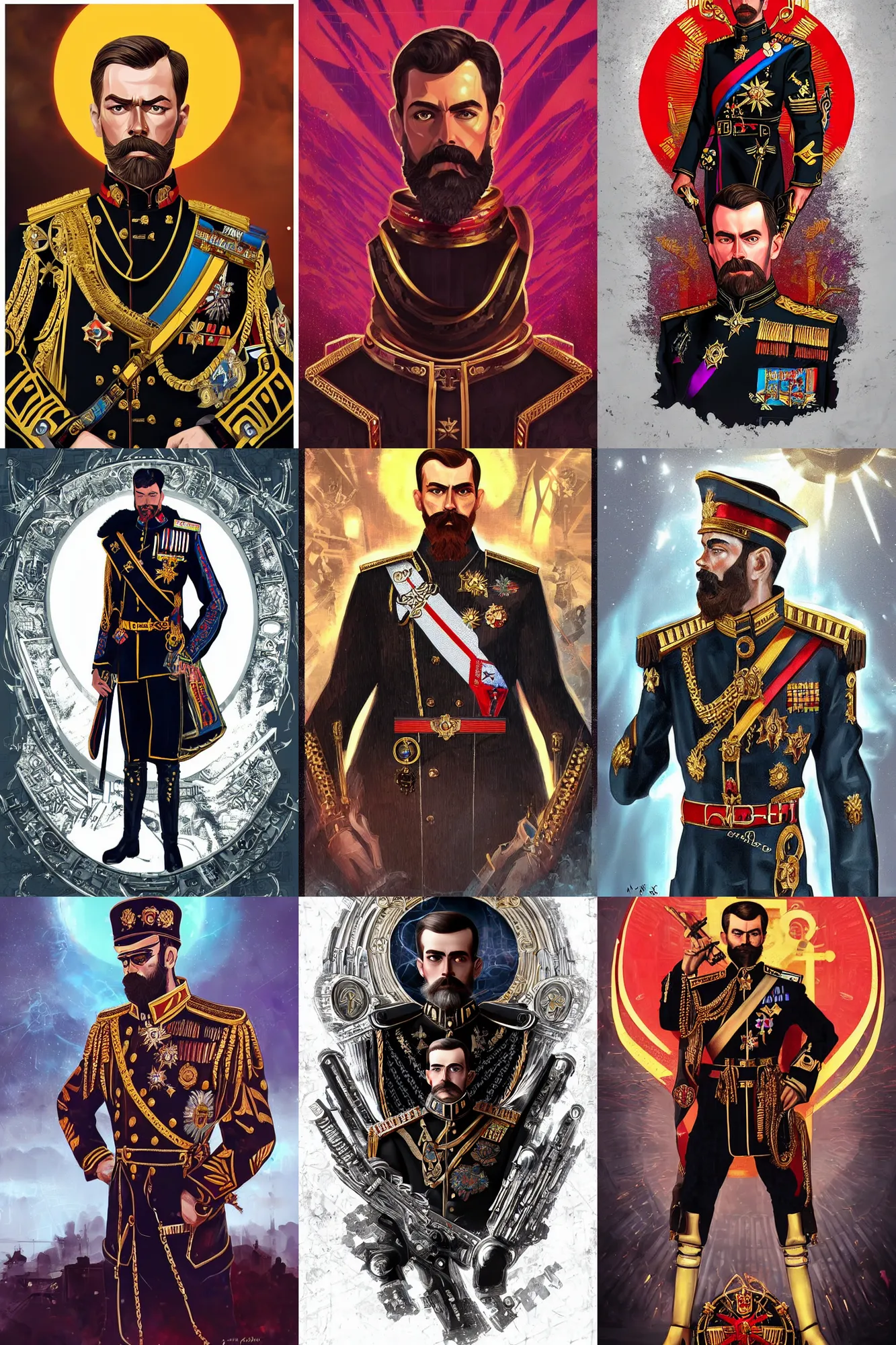 Image similar to Nicholas II of Russia, cyberpunk, synthwave, ornate, digital art, illustration, artstation, youtube, full body, black sun halo, in style of synthwave, warhammer