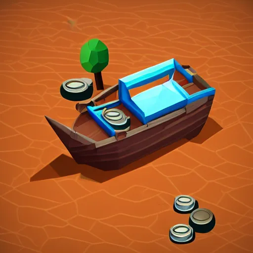 Image similar to boat in the dessert filled with coin and jewl collectables, game concept, low poly, horizontal view