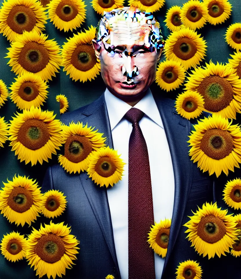 Prompt: photo portrait of Vladimir Putin - sunflowers - dressed in leisure suit with sunflower pattern and tombstone for a tie, natural skin tone, highly detailed realistic flowers ornament on suit, facial wrinkles and brows are intricate with highly detailed realistic flowers, elegant, Realistic, Refined, Highly Detailed, natural soft pastel lighting colors scheme, fine art photography by Cecil Beaton, volumetric lighting, hyper realistic photography