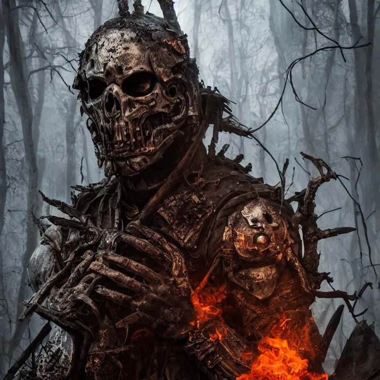 Prompt: undead armoured man in burned forest full of smoke, fantasy style, highly detailed, smooth, sharp focus, character portrait, portrait, concept art, intricate details, medieval poster, dark athmosphere, 8 k. lifelike. nikon d 8 5 0