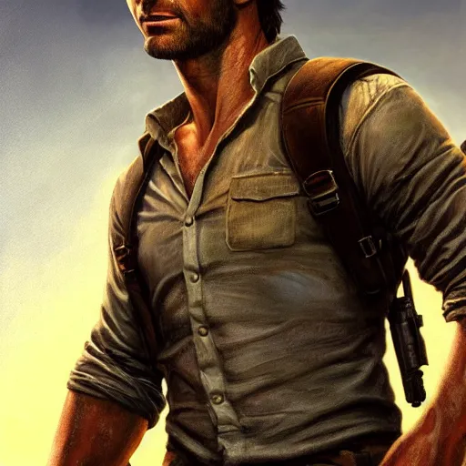 Image similar to ultra realistic portrait painting of nathan drake, art by frank frazetta, 4 k, ultra realistic, highly detailed, epic lighting