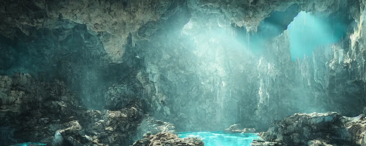 Prompt: Beautiful derelict ancient mountain cave with remanence of ancient life, volumetric lighting beaming through a crack in the roof shining on a turquoise clear pool. A soft glow slightly dusty atmosphere. Wallpaper. Ultra HD, V-ray, Octane Render, 8k, Sharp, Detailed, Maximalism. Stunning