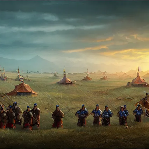 Image similar to Medieval Mongolian army camp at dawn before battle As featured on Artstation By Randy Vargas