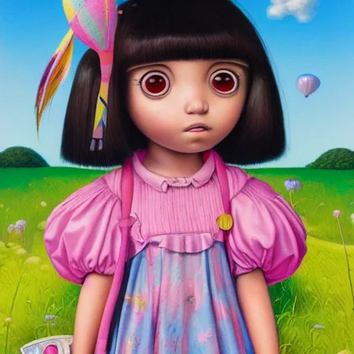 Prompt: portrait of real girl dora the explorer painted by mathias adolfson and mark ryden and hikari shimoda, lowbrow pop surrealism