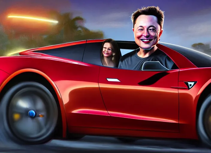 Image similar to highly detailed painting of a grinning Elon Musk as a pirate captain, proudly posing behind the wheel of his Tesla Roadster, artstation, cinematic lighting, hyperdetailed, cgsociety, 8k, high resolution, insanely detailed and intricate, concept art, smooth, sharp focus, illustration, art by John Philip Falter, Art Nouveau, masterpiece