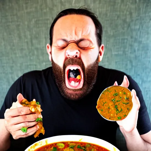 Prompt: photo of a man with three eyes ecstatically eating a bowl of indian frog curry. third eye forehead weeping with joy, hands raised