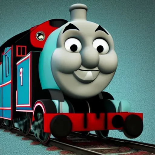 Prompt: Scary Thomas the Train with its glowing eyes at night ,grey and dark theme,creepy,gloomy