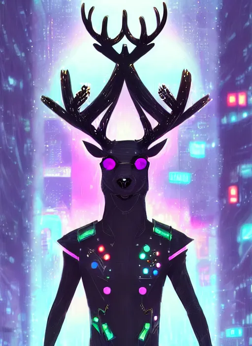 Image similar to award winning beautiful portrait commission of a male furry anthro Black Reindeer cyberpunk fursona with a tail, wings, wings, wings and a cute beautiful attractive detailed furry face wearing stylish black and rainbow galaxy clothes, outline, in a cyberpunk city at night while it rains. Character design by charlie bowater, ross tran, artgerm, and makoto shinkai, detailed, inked, western comic book art