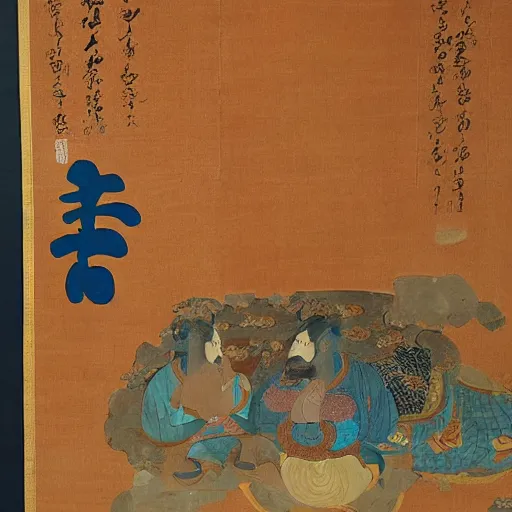Image similar to found footage of a goryeo Buddhist painting representing a giant monster eating metal