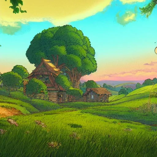 Image similar to the shire at sunset in the style of ghibli, 8 k, artstation, award wining, - 7 6 8