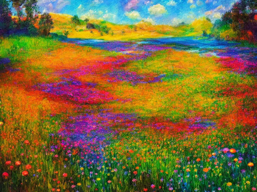 Prompt: an impressionist painting of a gorgeous meadow filled with colorful mushrooms with a stream flowing through it, psychedelic colors, colorful sky in background, trending on artstation