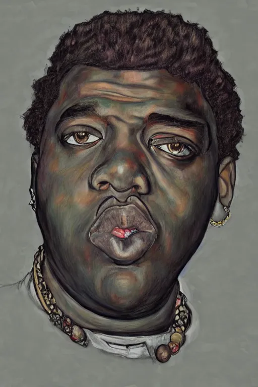 Image similar to a portrait of biggie smalls in style of egon schiele and herakut, masterpiece, hyperdetailed, complex, intricate, veiled, 4 k, 8 k, dynamic!!, trending on artstation