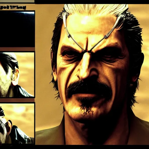 Image similar to Frank Zappa as a Metal Gear Solid Villain 2005 JRPG cinema 4d render, Ray tracing reflection, natural lighting, Unreal Engine award winning photography