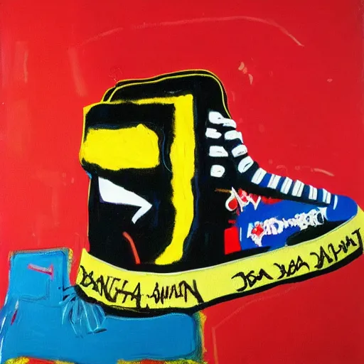 Image similar to basquiat oil painting of cyber balenciaga sneakers,