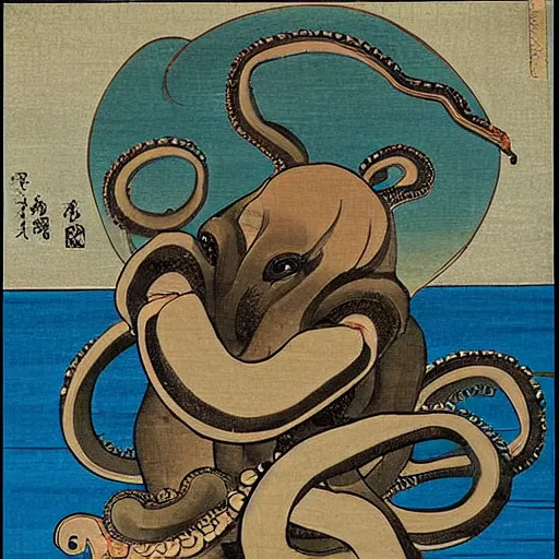 Prompt: a japanese ancient art style painting of a giant octopus clutching a ww2 battleship