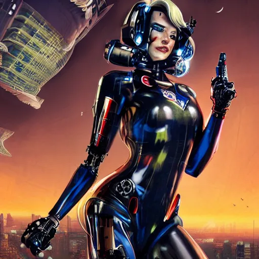 Image similar to a full portrait of beautiful, mischievous, young woman cyborg in latex suit by sandra chevrier, detailed render, epic composition, cybernetics, 4 k realistic, cryengine, realistic shaded lighting, octane render, sharp focus, masterpiece, by matteo scalera, gary montalbano, peter elson in the style of the tokyo ghost comic, epic angles