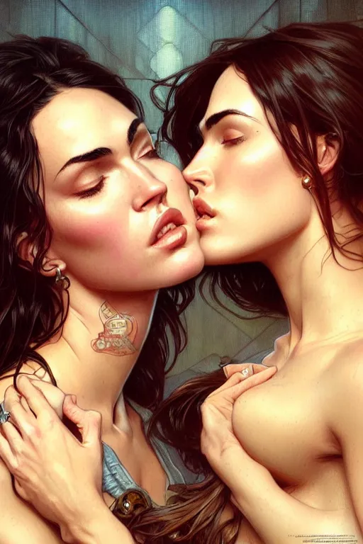 Image similar to portrait of megan fox kissing other woman, intricate, headshot, highly detailed, digital painting, artstation, concept art, sharp focus, cinematic lighting, illustration, art by artgerm and greg rutkowski, alphonse mucha, cgsociety