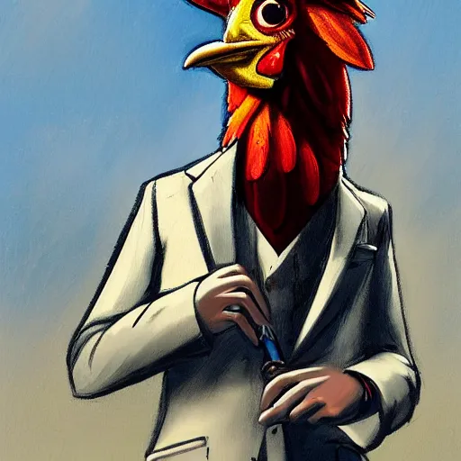 Image similar to a chicken wearing a suit smoking a cigar, dramatic lighting, cinematic, establishing shot, extremly high detail, photorealistic, cinematic lighting, artstation, style by James Gurney