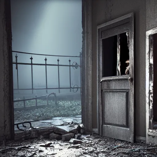 Prompt: a zombie at the gate of a decrepit house, night, misty, scary, spooky, dramatic lighting, moody, octane render