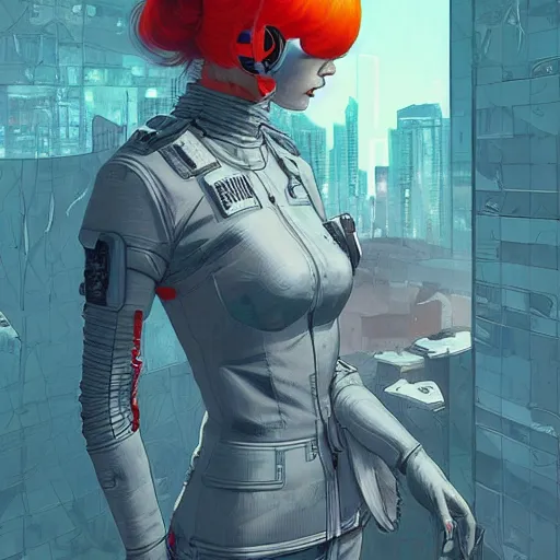 Prompt: a woman with orange hair and a white helmet, cyberpunk art by james jean, featured on cgsociety, retrofuturism, futuristic, dystopian art, ilya kuvshinov