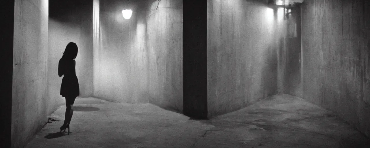 Image similar to foggy neon night, sayaka isoyama leaning back against a wall in a black minidress smoking a cigarette outside a neon lit entrance, 1 9 7 0 s, intricate, moody, tasteful, intimate, highly detailed, short focus depth, artgerm, henri cartier bresson