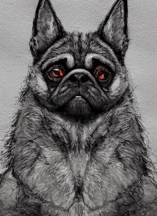 Image similar to werewolf pug, watercolor, dramatic lighting, cinematic, establishing shot, extremely high detail, foto realistic, cinematic lighting, pen and ink, intricate line drawings, by Yoshitaka Amano, Ruan Jia, Kentaro Miura, Artgerm, post processed, concept art, artstation, matte painting, style by eddie mendoza, raphael lacoste, alex ross