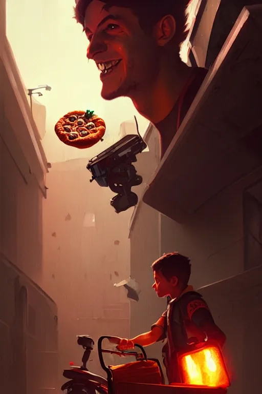 Prompt: greg rutkowski travel poster science fiction pizza delivery boy