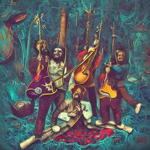 Image similar to Laughter and music made of muskets, weirdcore folk album cover artstation behance hd unsplash contest winner
