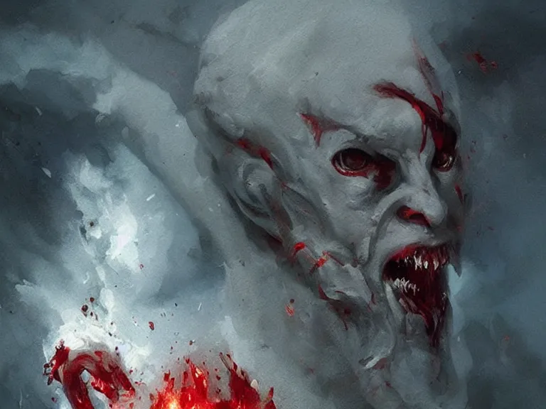 Prompt: painting by greg rutkowski of a flying human head with tears running down it's face face that is chalk white in color, with white!! tentacles coming down through the neck, fiery scorching red eyes, flying in a terrying hell like cavernous place