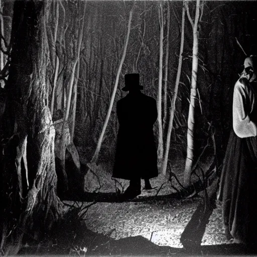 Image similar to photo of boris karloff as frankestein and bela lugosi as dracula in a forest at night, telephoto long distance shot, black and white, low light, vignette, fujifilm, creepy, dark, atmospheric, 3 5 mm, surveillance footage, fisheye