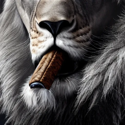 Image similar to a lion smoking a cigar, dramatic lighting, cinematic, establishing shot, extremely high detail, foto realistic, cinematic lighting, post processed, concept art, high details, cinematic, 8k resolution, beautiful detailed, photorealistic, digital painting, artstation, concept art, smooth, sharp focus, artstation trending, octane render, unreal engine