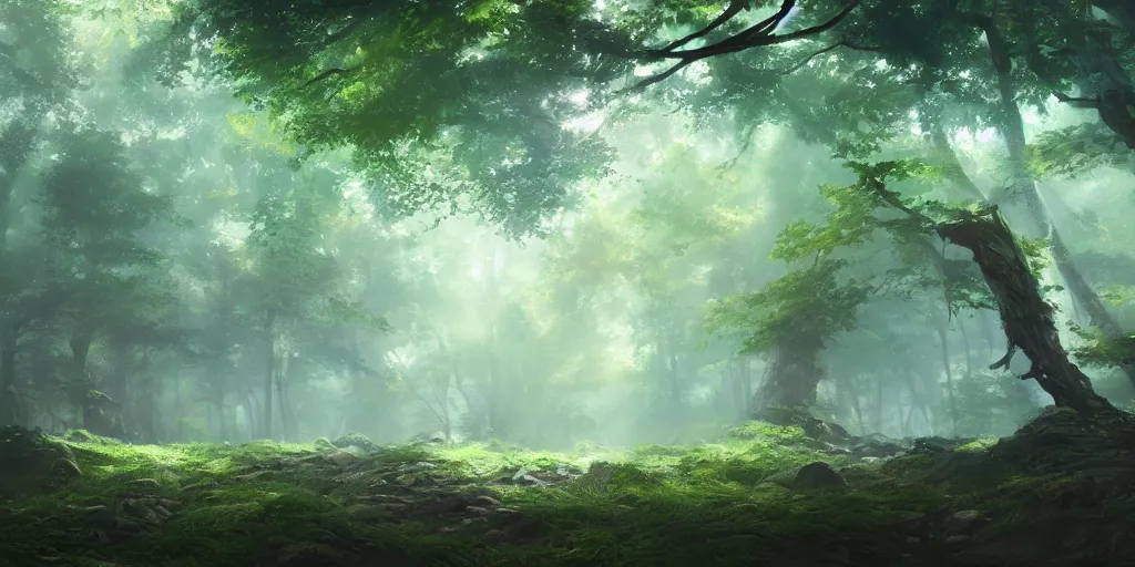 Image similar to a forest, oil painting, cinematic angle, hyperrealistic, volumetric lighting, dynamic, Studio Ghibli, digital art, octane render, post-processing, beautiful composition, trending on artstation, masterpiece