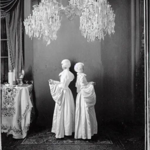 Prompt: photograph of two women with 18. century white costumes and white big baroque curly wigs, standing in a hall, candle light only