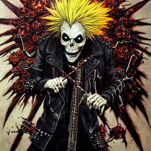Prompt: a portrait of the grim reaper as a punk rocker playing an electric guitar, punk, skeleton face, mohawk, dark, fantasy, leather jackets, spiked collars, spiked wristbands, piercings, boots, ultrafine detailed painting by frank frazetta and vito acconci and michael whelan and takeshi obata, death note style, oil on canvas