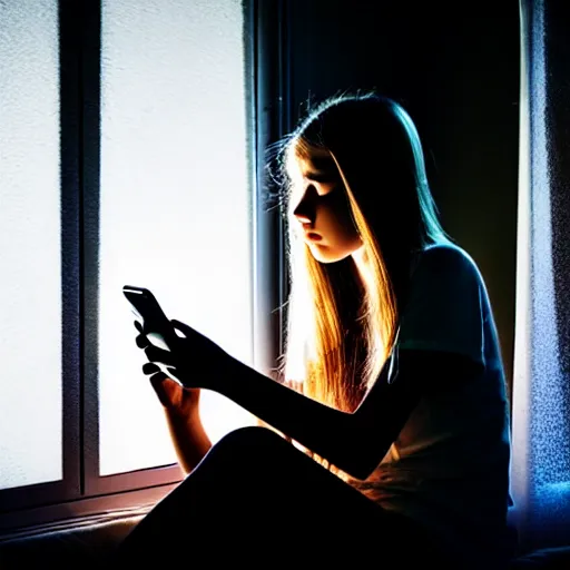 Image similar to teenage girl sitting at bedroom window staring down at her phone, a mushroom cloud outside lights the side of her face, intimate, dark, surreal photography
