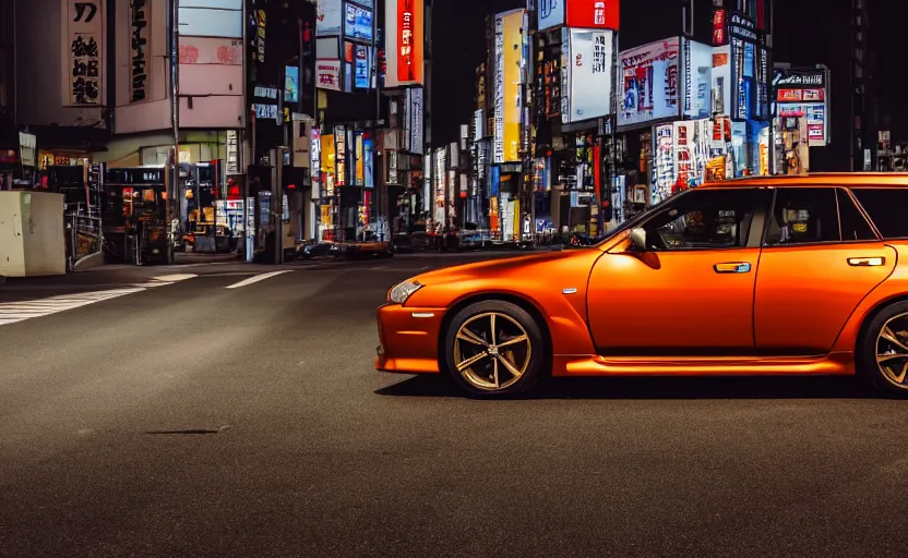 Prompt: wideshot of a Nissan Skyline station wagon in a metallic orange color, in tokyo at night, highly detailed, 4k photo, shot with sony alpha