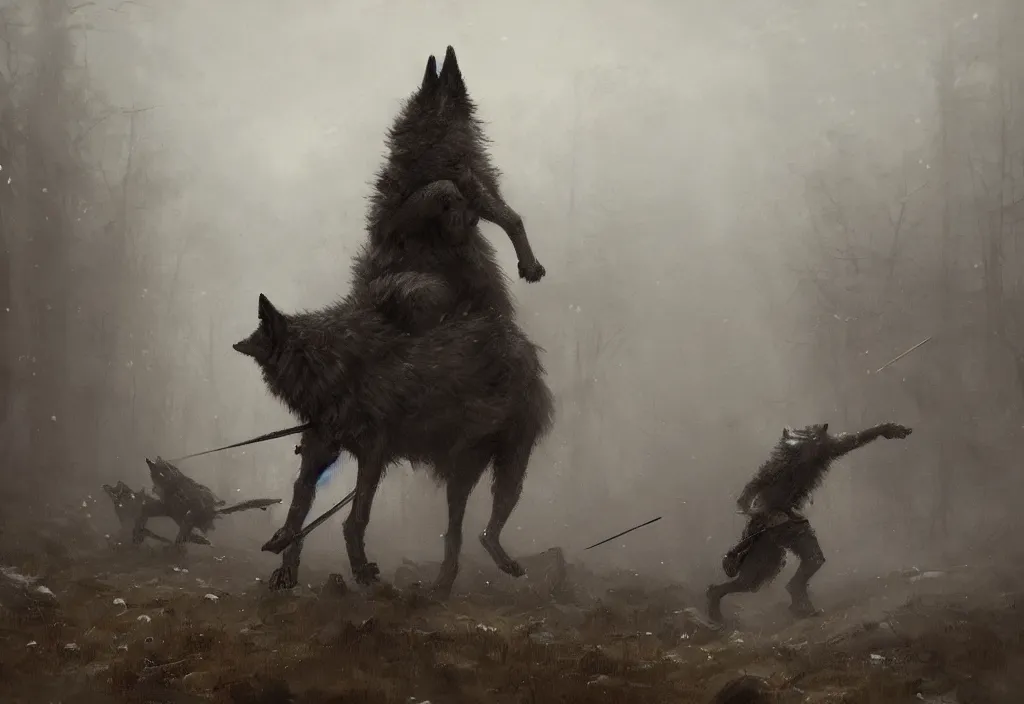 Image similar to a wolf fighting a victorian man, artstation, jakub rozalski, high detail, dramatic lighting, night, fog