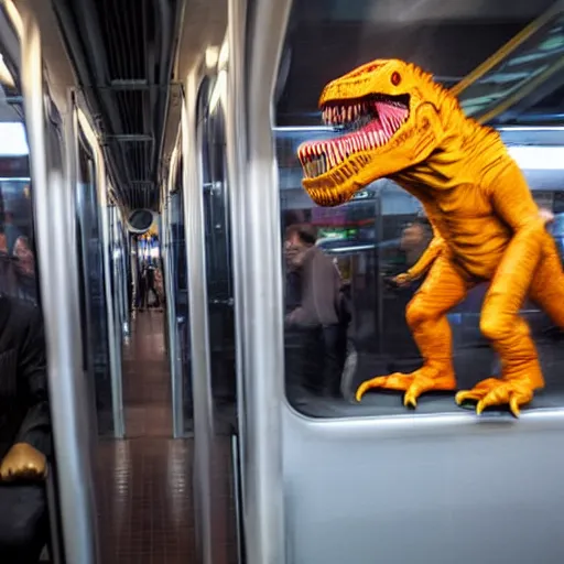 Prompt: a man in a t-rex costume mascot riding the train at peak hour in nyc