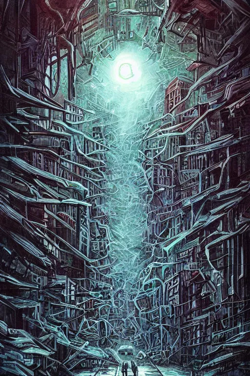 Image similar to the end of the world as we know it, urban city, lovecraftian horror, epic composition, full - color