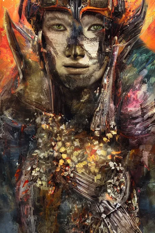 Image similar to portrait of beautiful young mainem, warhammer, japaneese style, cyberpunk armor, a lot of more scars, more and more flowers, orange head, the middle ages, highly detailed, artstation, illustration, art by max ernst, 8 k quality