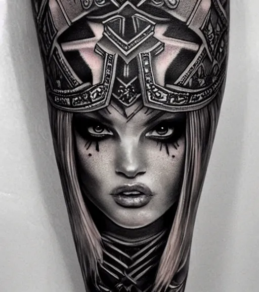 Prompt: tattoo design on white background of a beautiful girl warrior, hyper realistic, realism tattoo, by eliot kohek